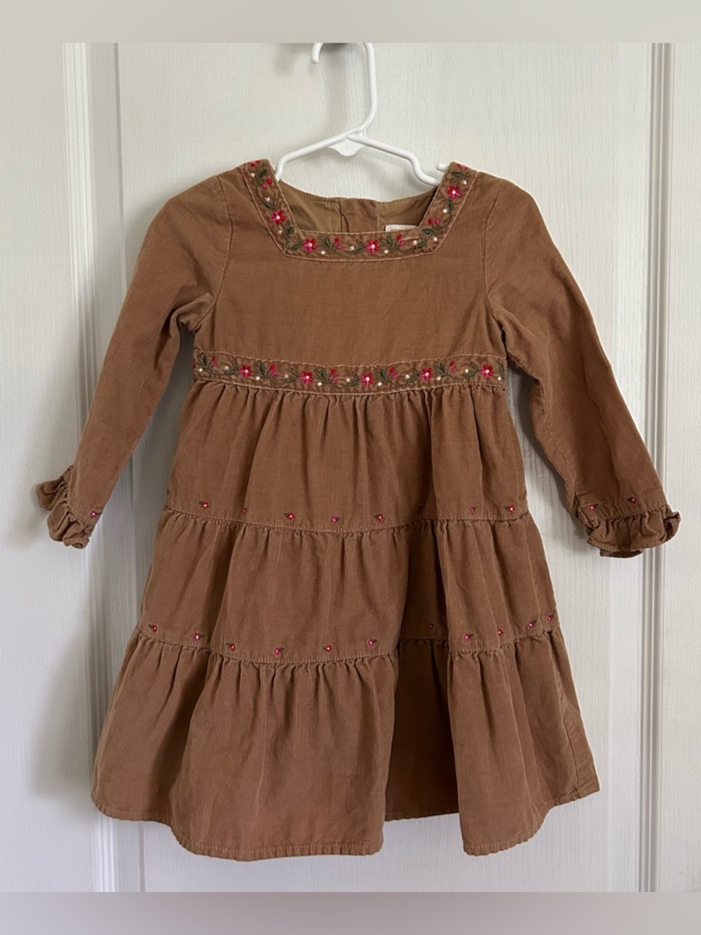 VTG Girls Gap Brown Corduroy Fall Boho Tiered Ruffle Dress 2 Embroidered Floral
